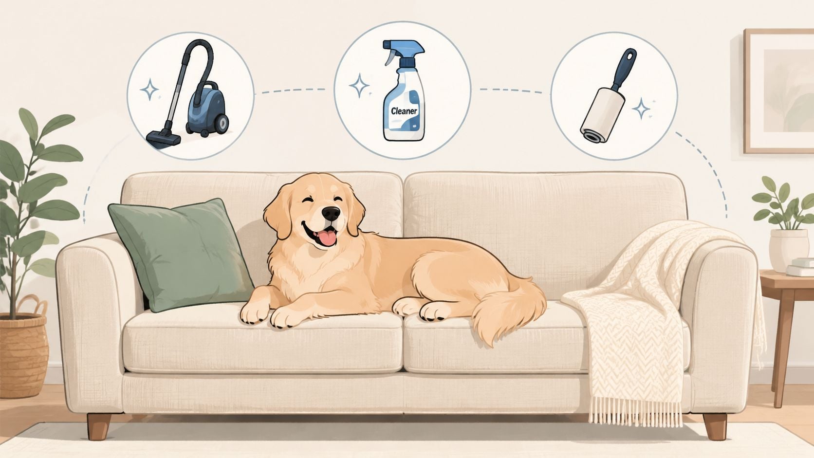 A smiling golden retriever sitting on a comfortable cream sofa with cleaning supplies floating above.