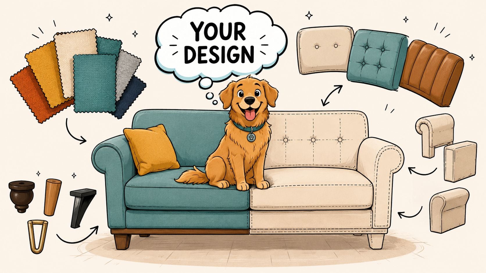 A custom sofa design concept illustration featuring a golden retriever sitting on a two-toned couch.