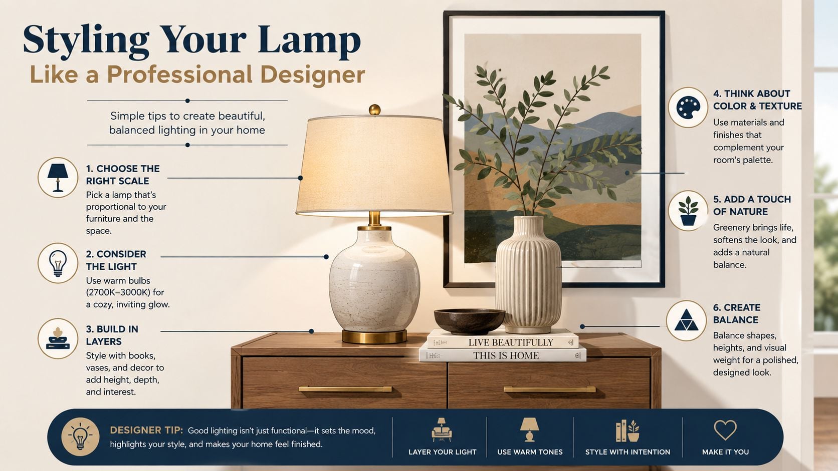 A professional interior design guide featuring a styled lamp, books, and decor on a wooden sideboard.