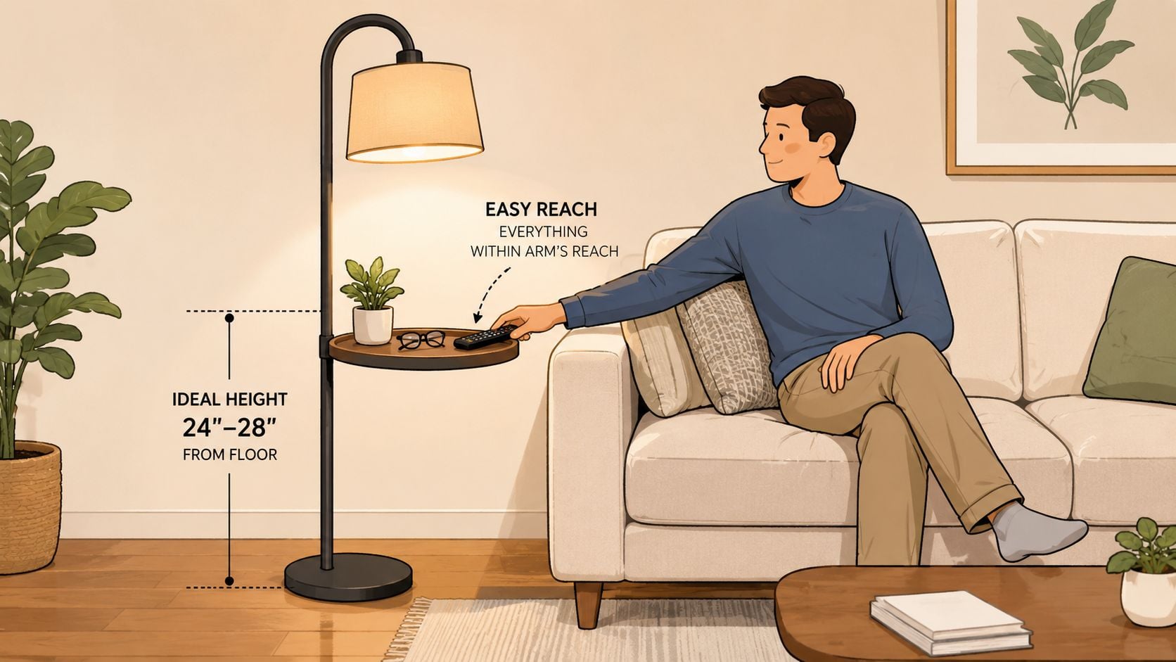 A man sitting on a sofa reaching for a remote on a floor lamp with a built-in tray table.