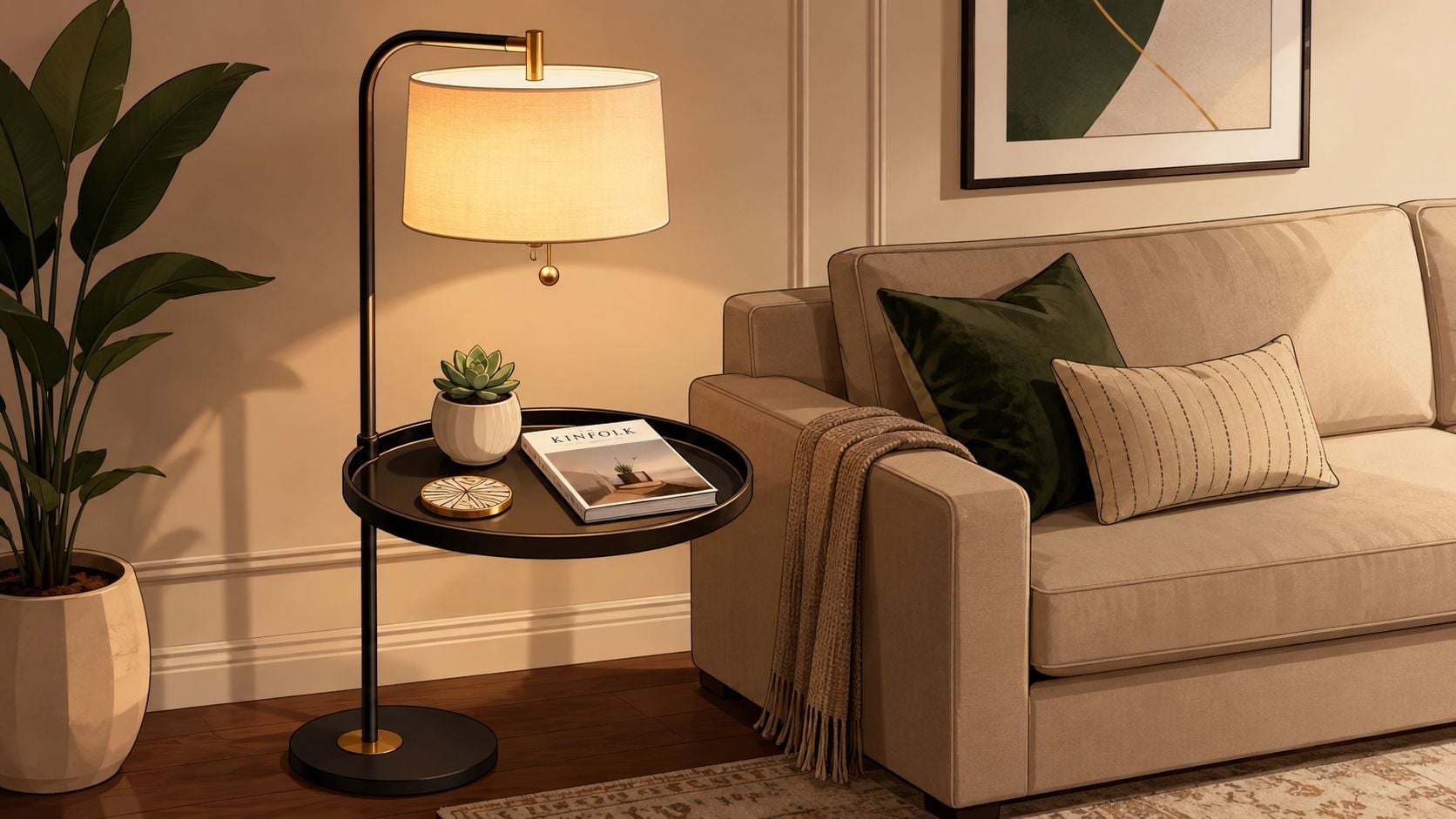 A modern floor lamp with an integrated circular tray table beside a cozy beige sofa and houseplant.