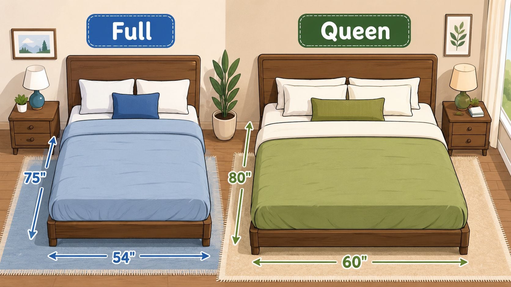 A diagram comparing the dimensions of a full size mattress and a queen size mattress.