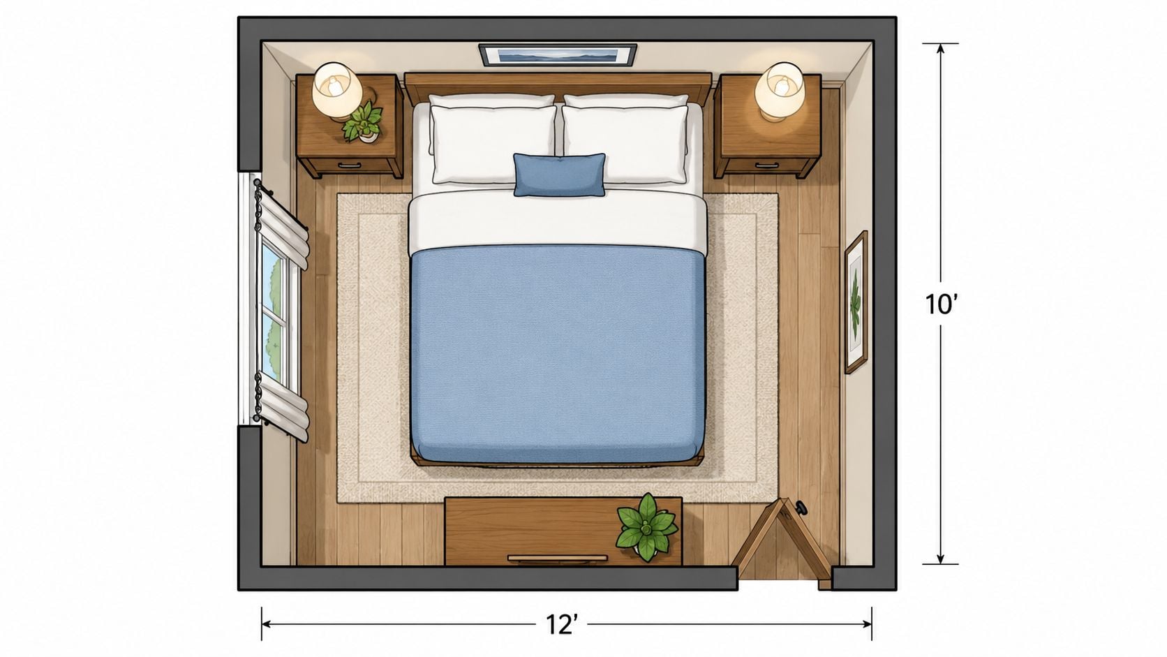 A top-down floor plan view of a bedroom featuring a bed, nightstands, and a dresser.