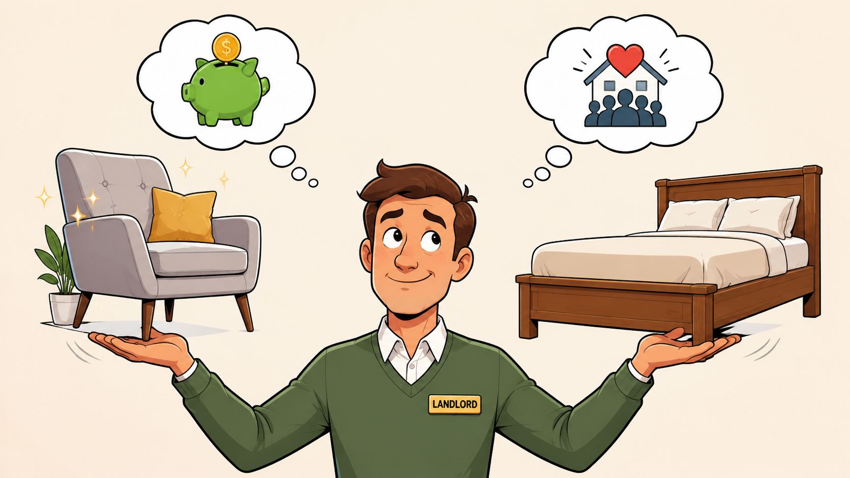 A landlord balancing a comfortable armchair and a bed, contemplating both financial gain and tenant well-being.