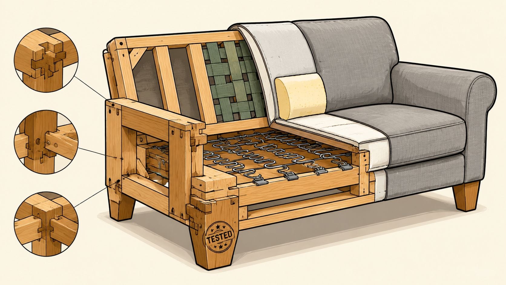 A cutaway illustration showing the internal wooden frame, springs, and upholstery construction of a modern sofa.