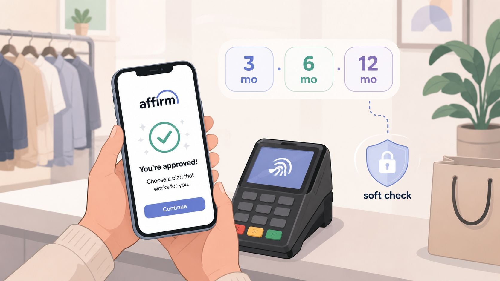 A person using their smartphone to select an Affirm payment plan at a retail checkout counter.