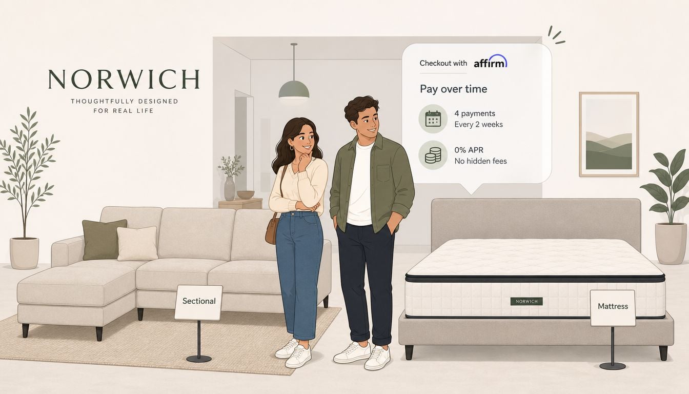 A couple standing in a furniture store next to a sectional sofa and a mattress with Affirm financing.