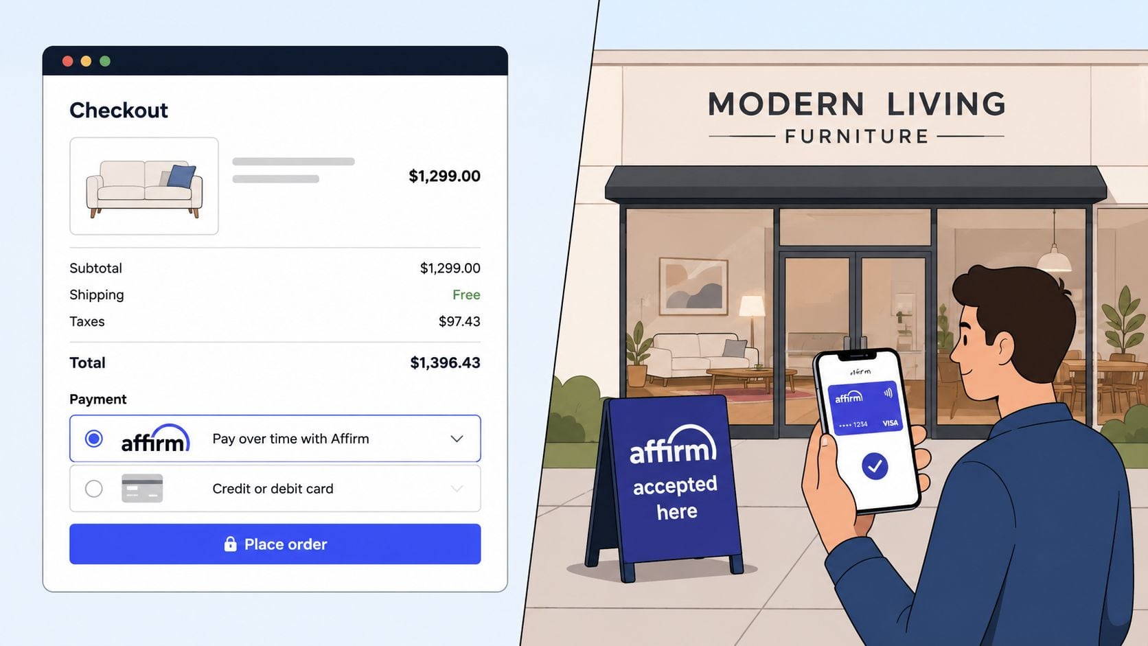 A digital checkout screen for furniture alongside an illustration of a man using his phone at a store.