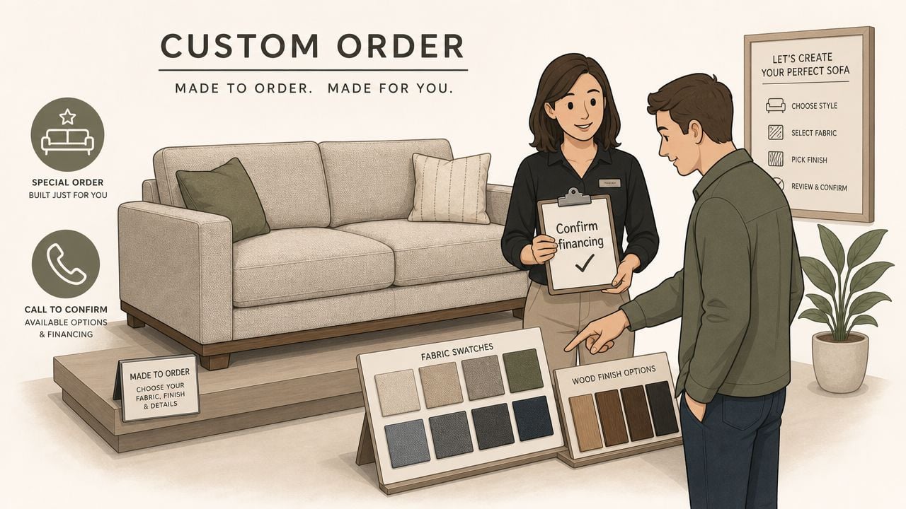 A store associate assisting a customer with custom sofa design options including fabric and wood finish samples.