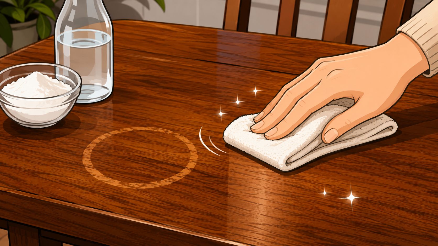 A person cleaning a wooden table with a white cloth to remove a circular water stain.
