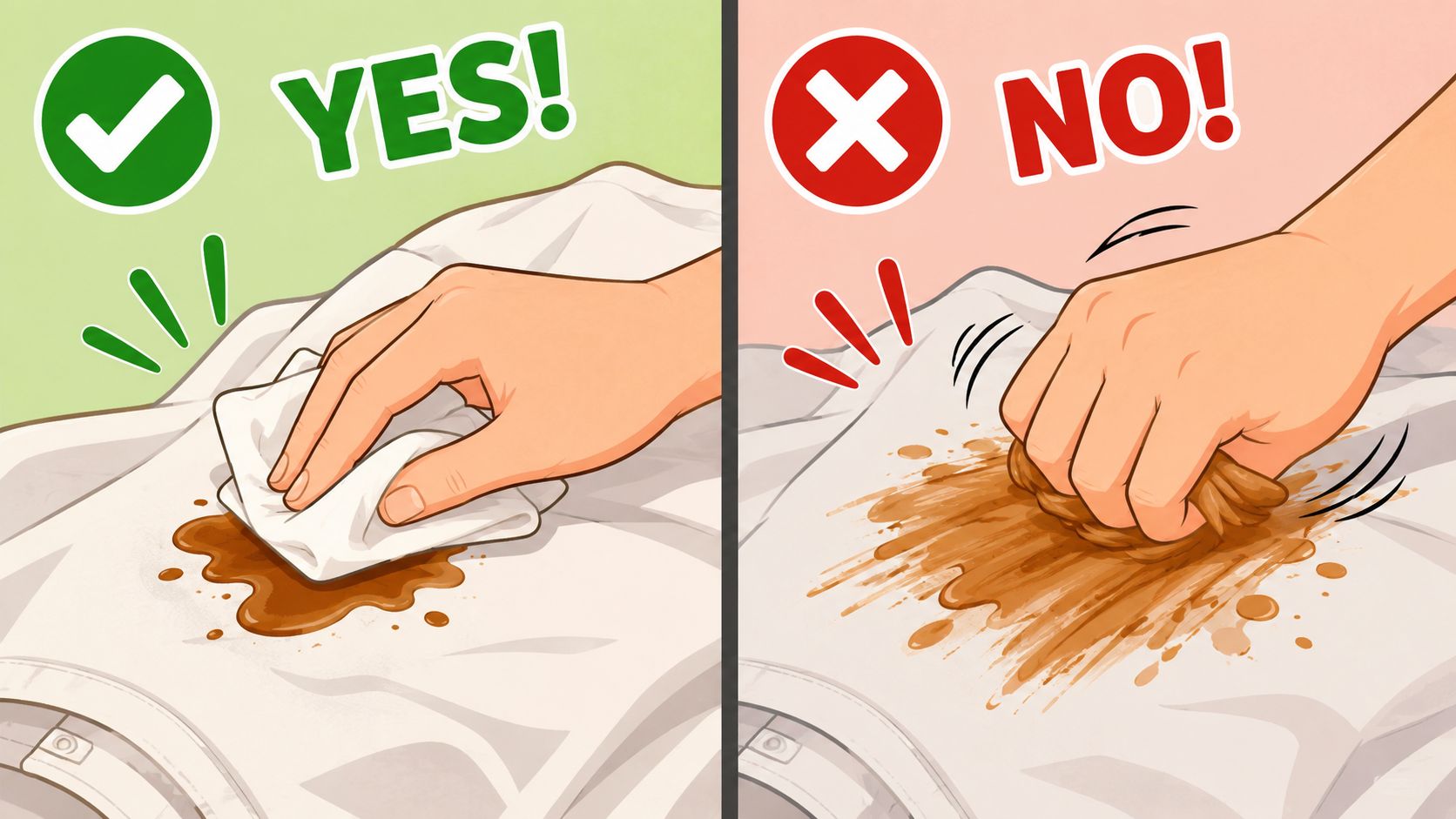 An illustration showing the correct blotting technique versus the incorrect rubbing method for removing stains on clothes.