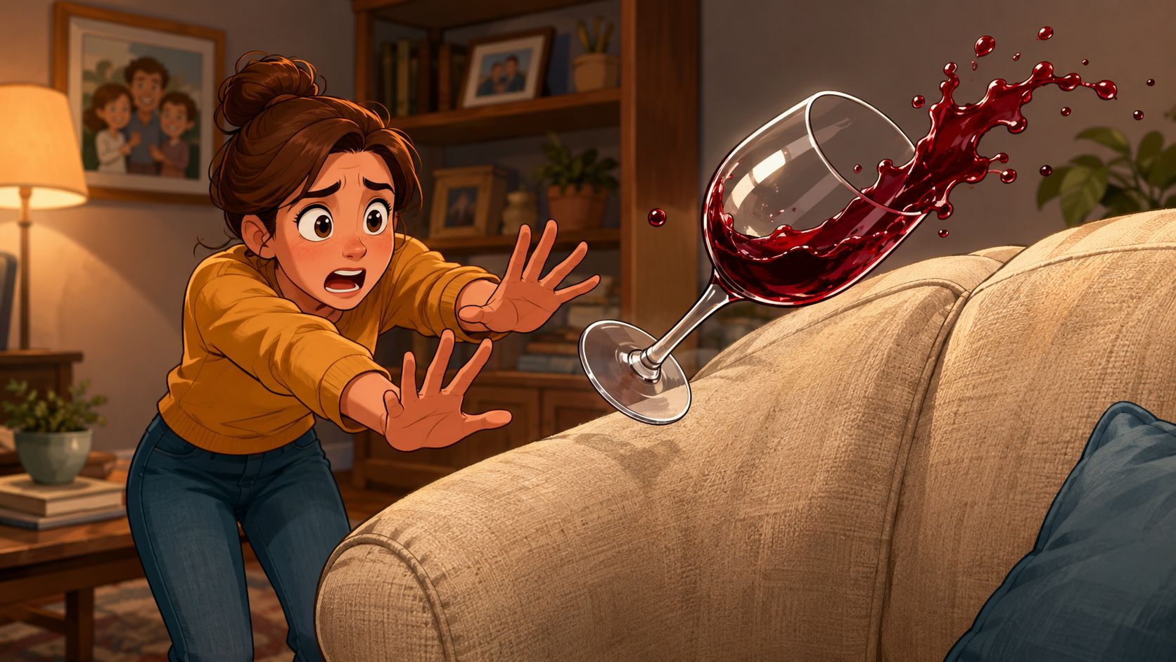A worried young woman reacts as a glass of red wine spills onto a beige fabric sofa.
