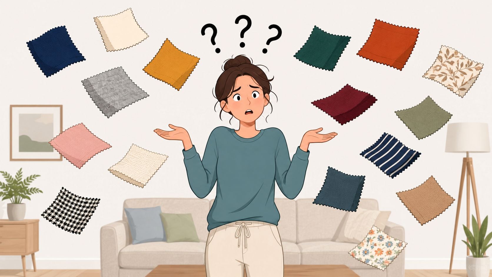 A woman looks confused while choosing from many colorful fabric swatches for her new sofa upholstery.