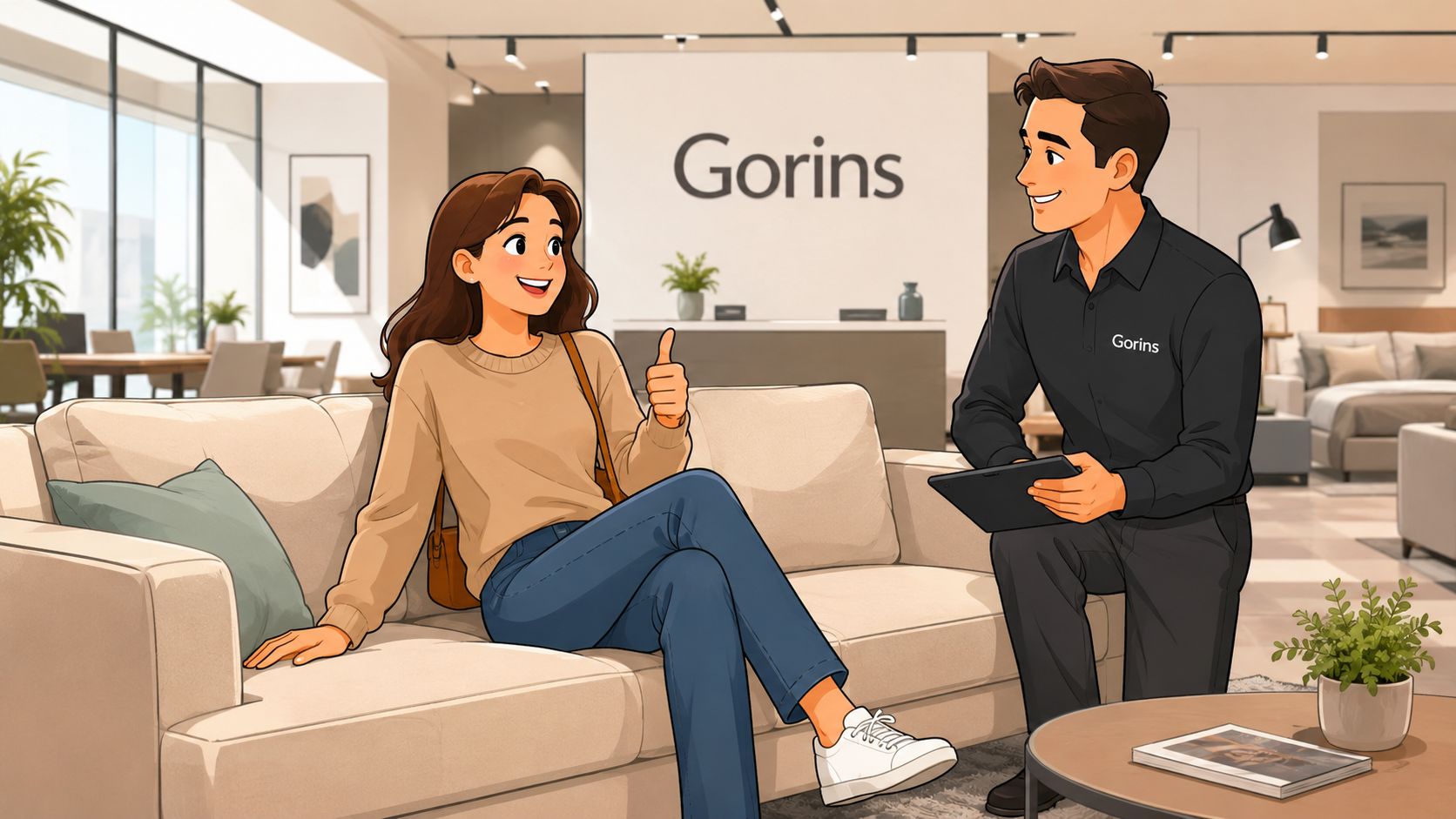A friendly furniture store consultant showing a digital tablet to a happy customer seated on a sofa.