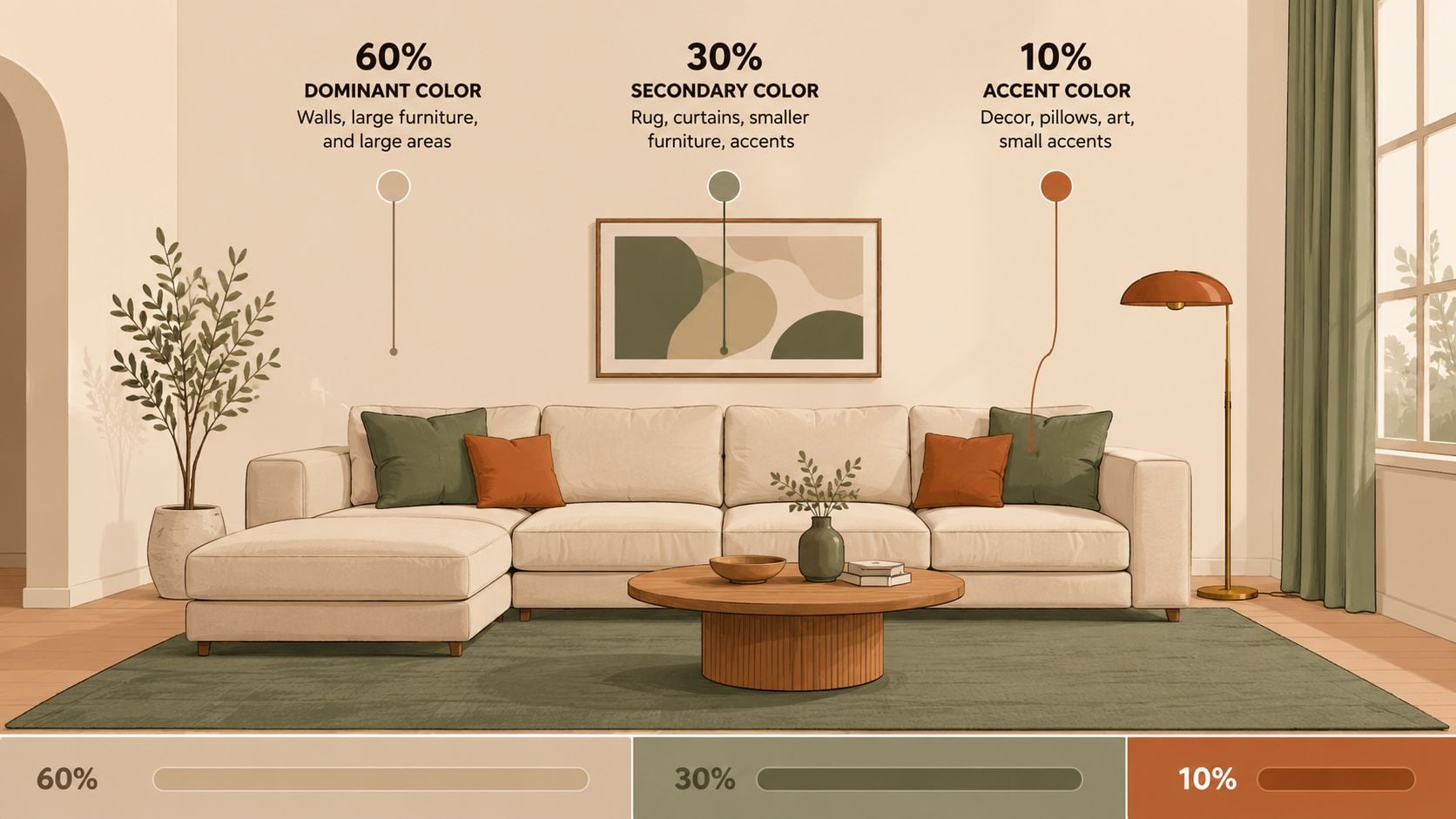 An interior design graphic illustrating the 60-30-10 color rule for a beige sofa, green rug, and orange accents.