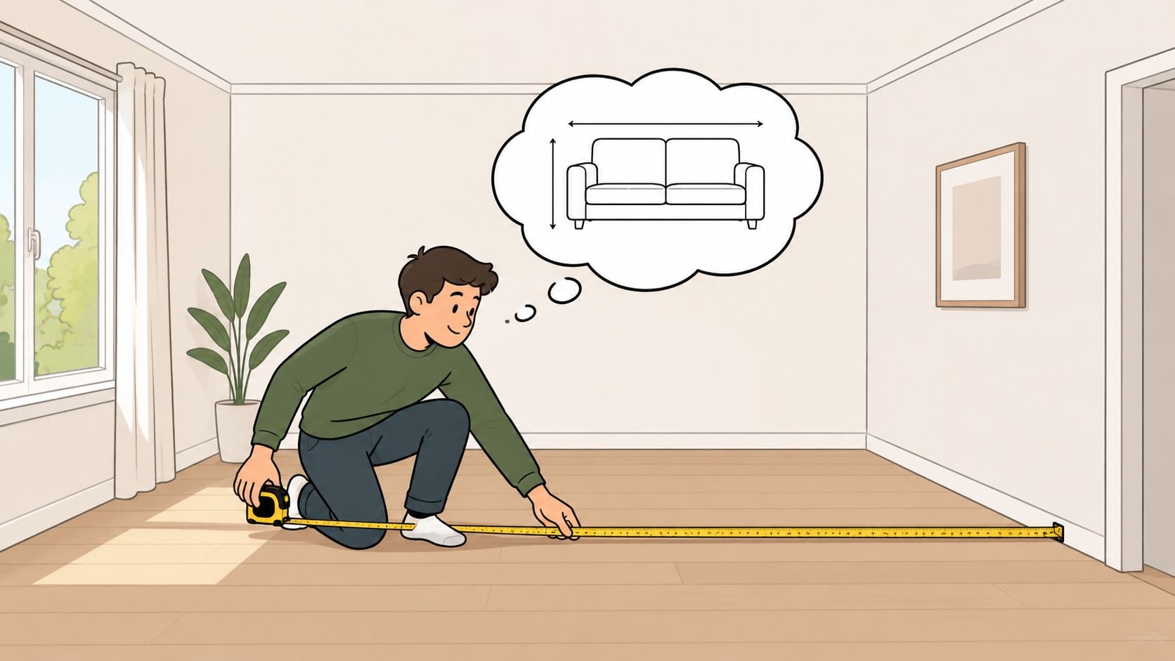 A man in a green shirt kneeling on the floor, measuring the wall space for a sofa.
