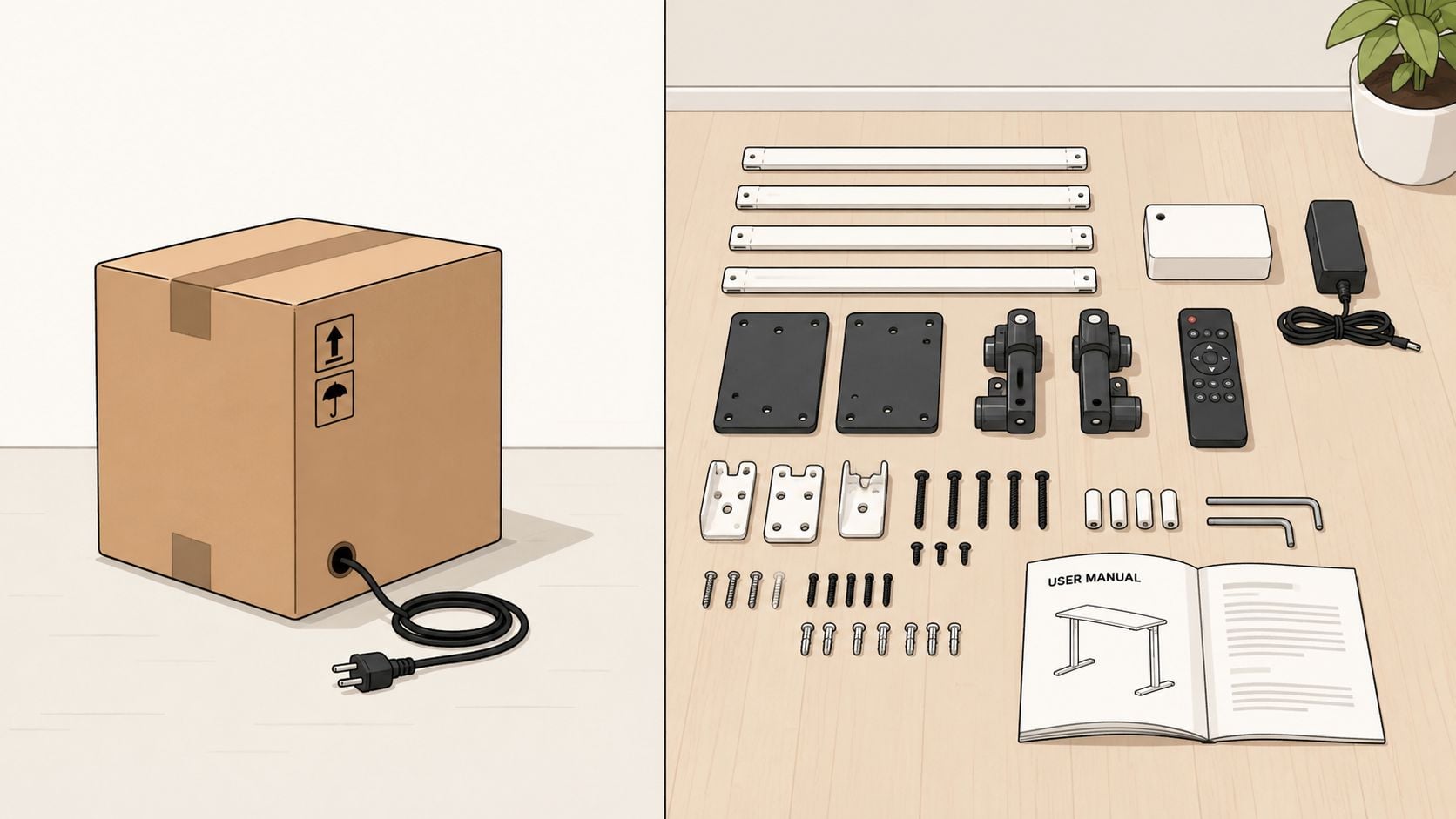 A cardboard box and various metal parts, screws, and a manual for assembling an electric desk.