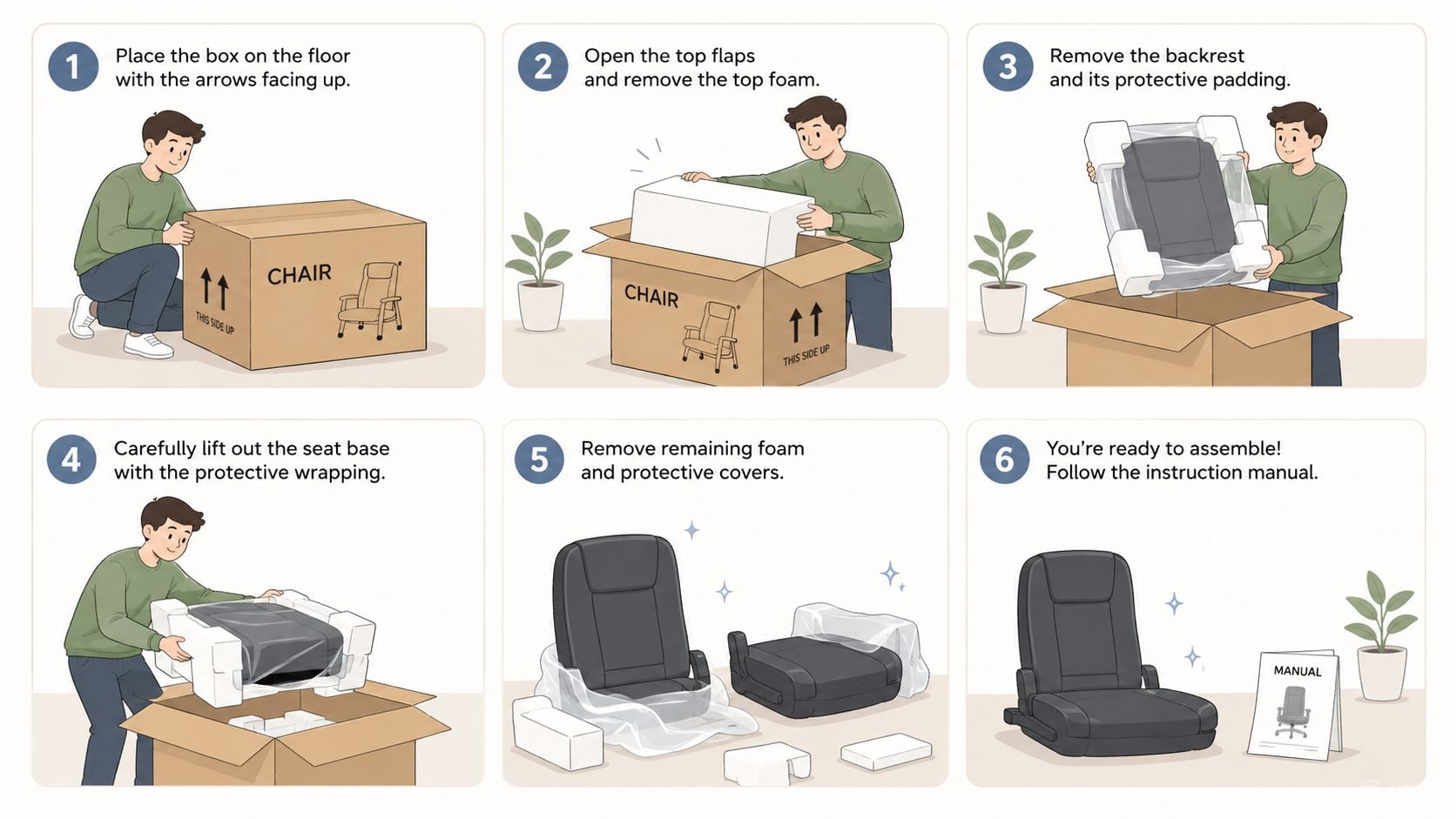 A six-step illustration showing a person unpacking a new office chair from a cardboard box.