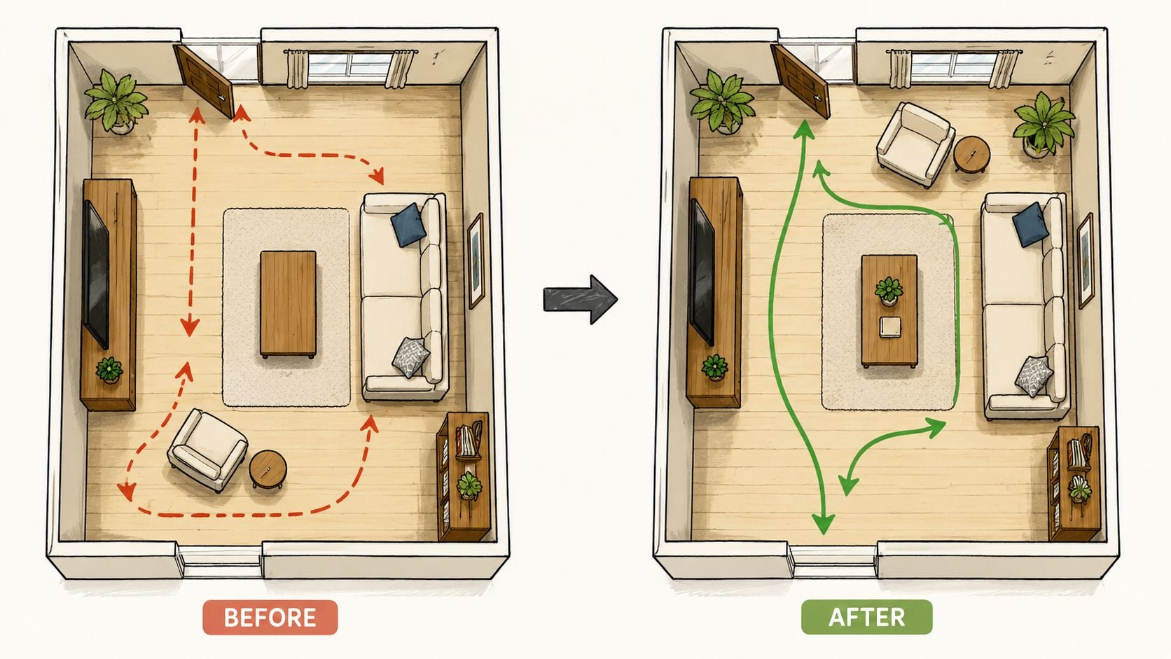 Top-down floor plan showing before and after furniture arrangements to improve traffic flow in a small living room.
