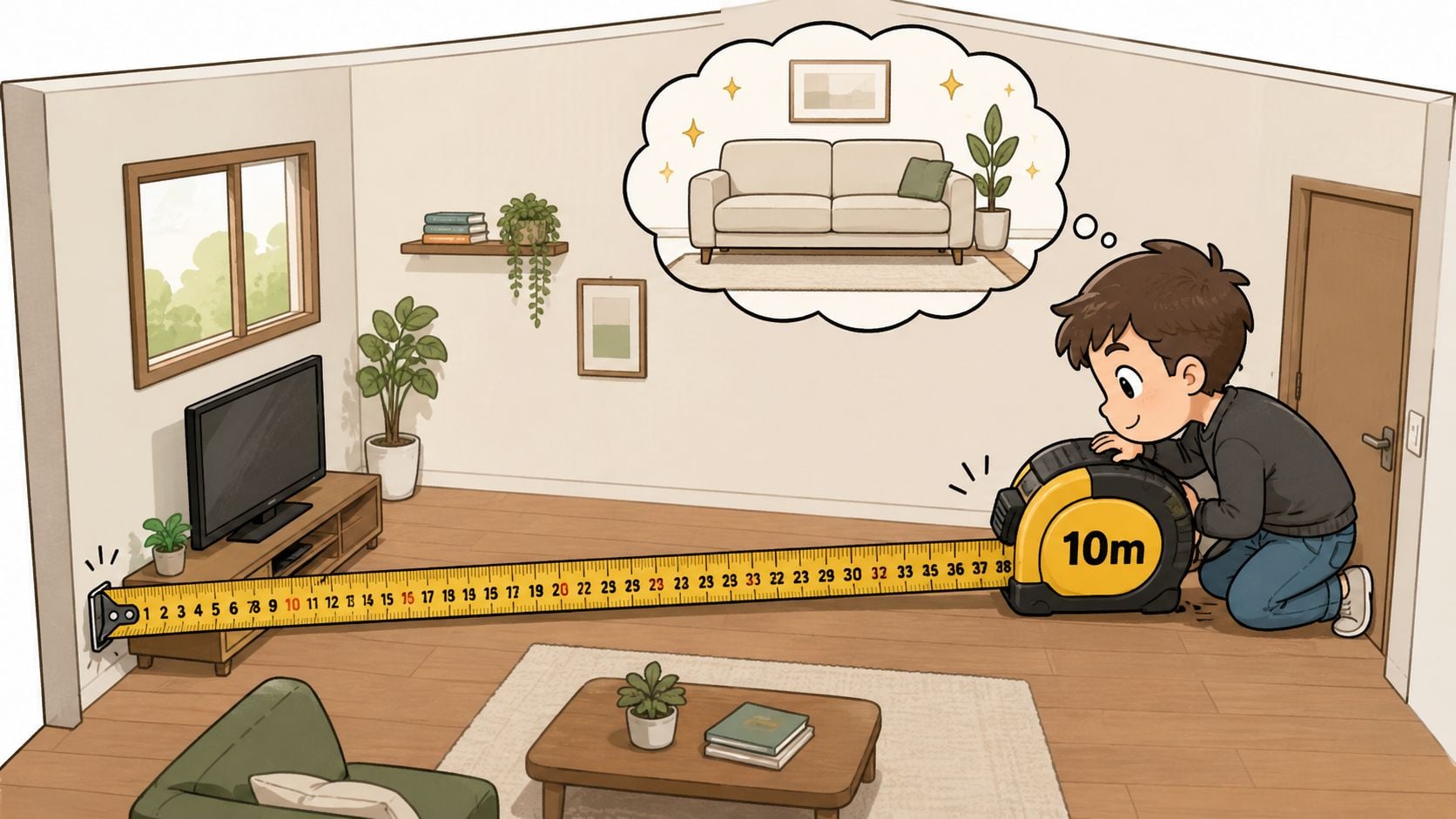 A young boy uses a long measuring tape to measure the floor space in a living room.