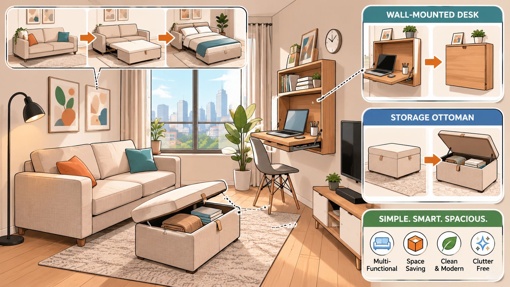 A modern, compact living room featuring multifunctional, space-saving furniture like a sofa bed, wall-mounted desk, and storage ottoman.