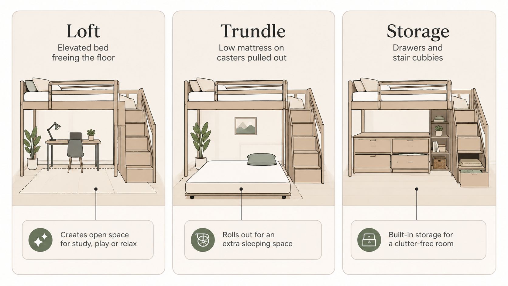 A diagram comparing three different configurations of a modular bed: loft, trundle, and built-in storage options.