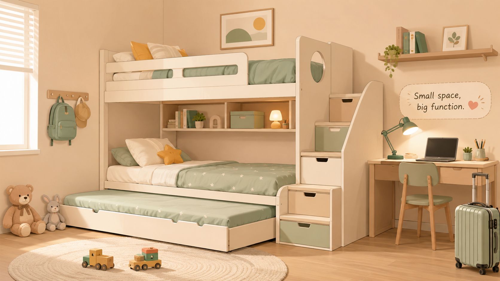 A modern children's loft bed with a trundle, built-in stairs with storage, and an attached study desk.
