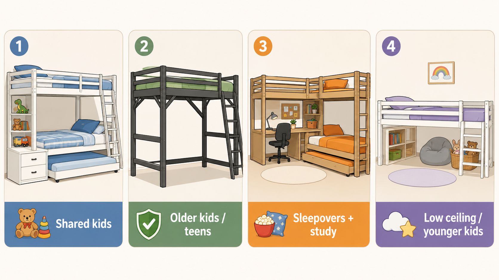 A diagram comparing four types of beds for children including bunk beds, lofts, and beds with trundles.