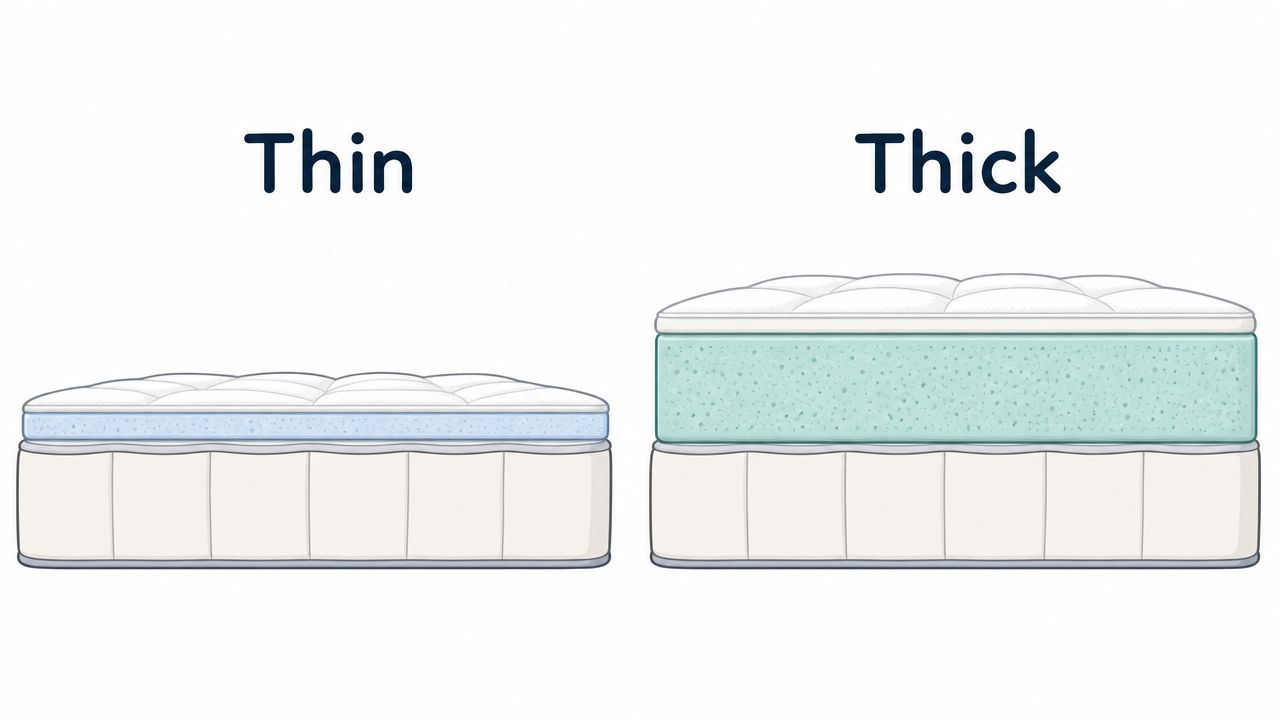 A comparison illustration showing the difference in thickness between a thin and a thick mattress topper.