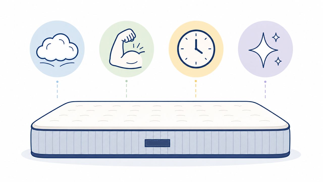An illustration of a mattress showing four icons representing comfort, durability, longevity, and cleanliness features.