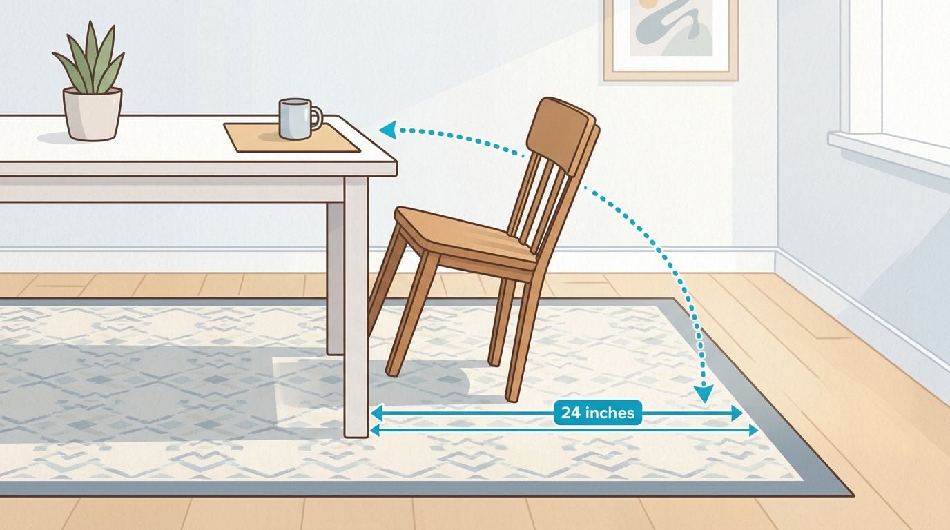 A diagram illustrating the recommended 24 inches of clearance for a dining chair on a rug.