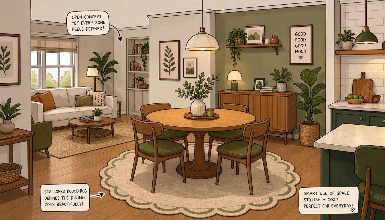 An open concept dining room with a round dining table centered on a scalloped area rug.