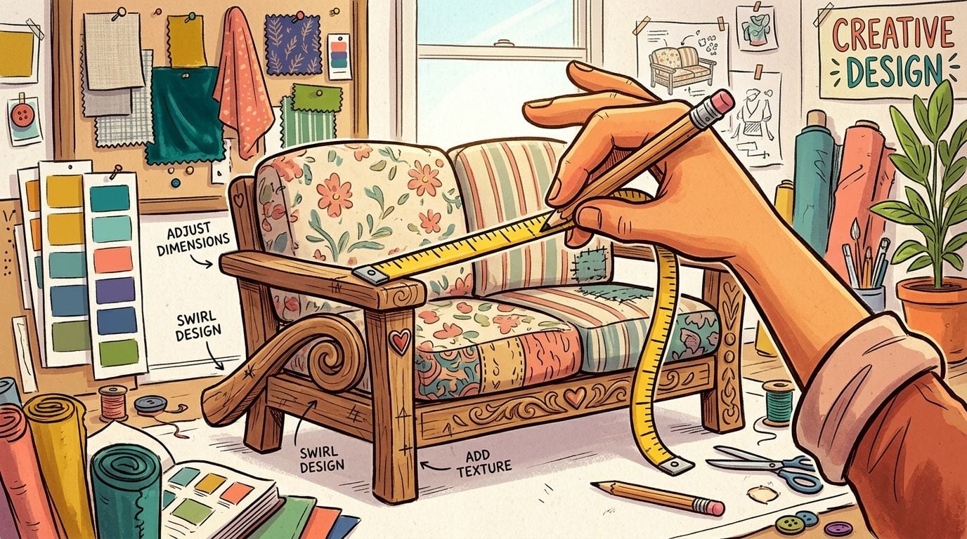 A designer's hand using a yellow measuring tape to measure the dimensions of a miniature wooden loveseat.