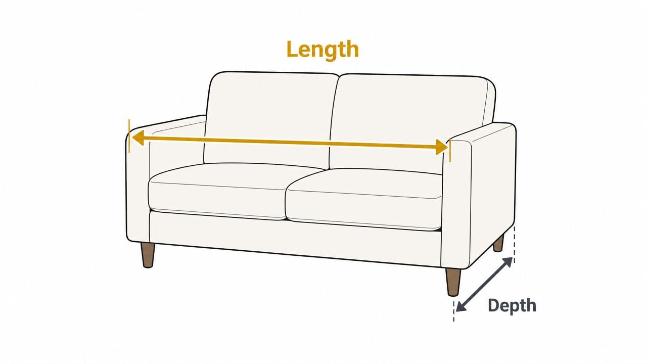 A diagram illustrating how to measure the length and depth of a standard two-seater loveseat.