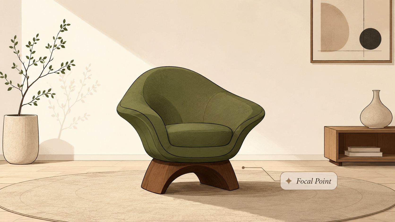 A modern olive green velvet armchair with a wooden base stands in a minimalist living room.