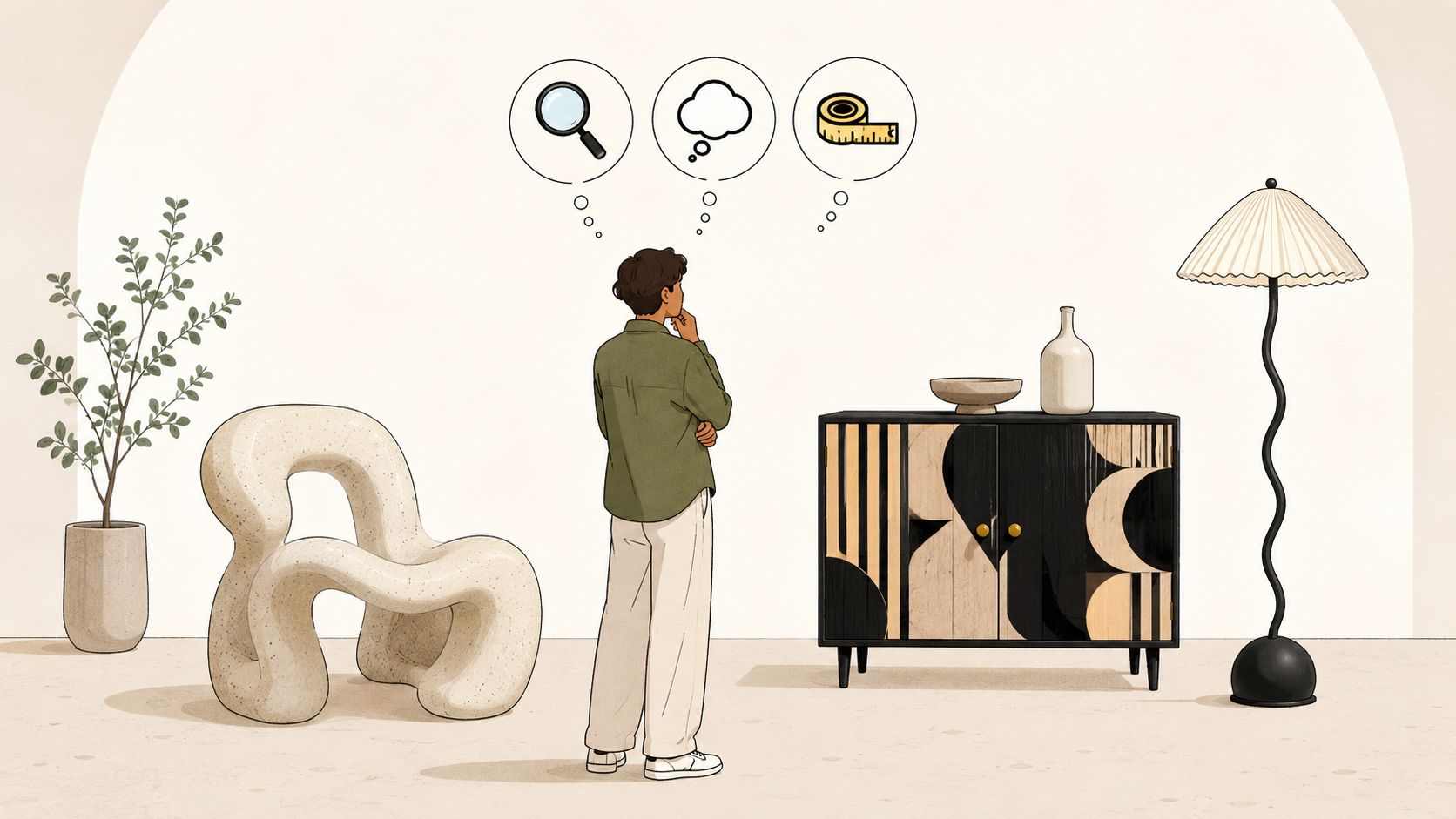 A person standing in a modern room, contemplating statement furniture pieces with icons of inquiry above.