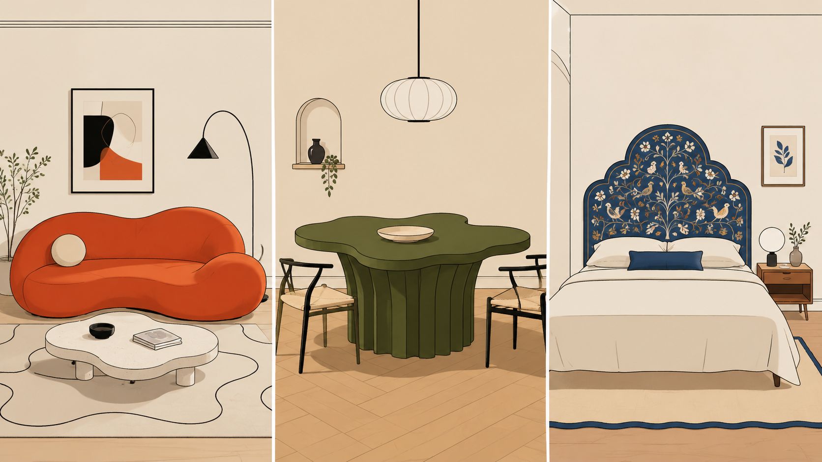 A triptych showing three modern interior scenes featuring a curvy orange sofa, green dining table, and bedroom.