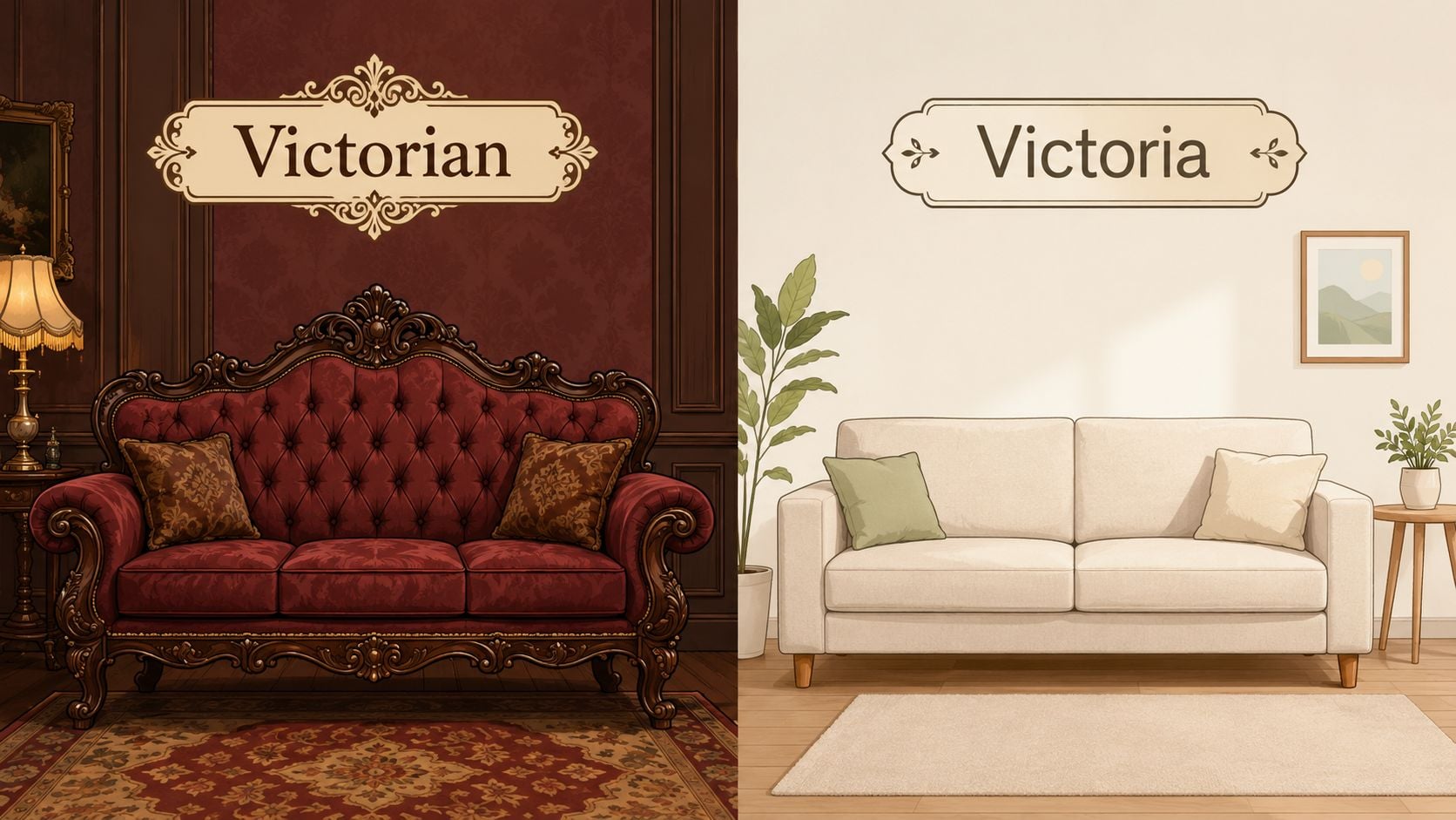 A side-by-side comparison showcasing a dark, ornate Victorian sofa versus a light, minimalist modern sofa.