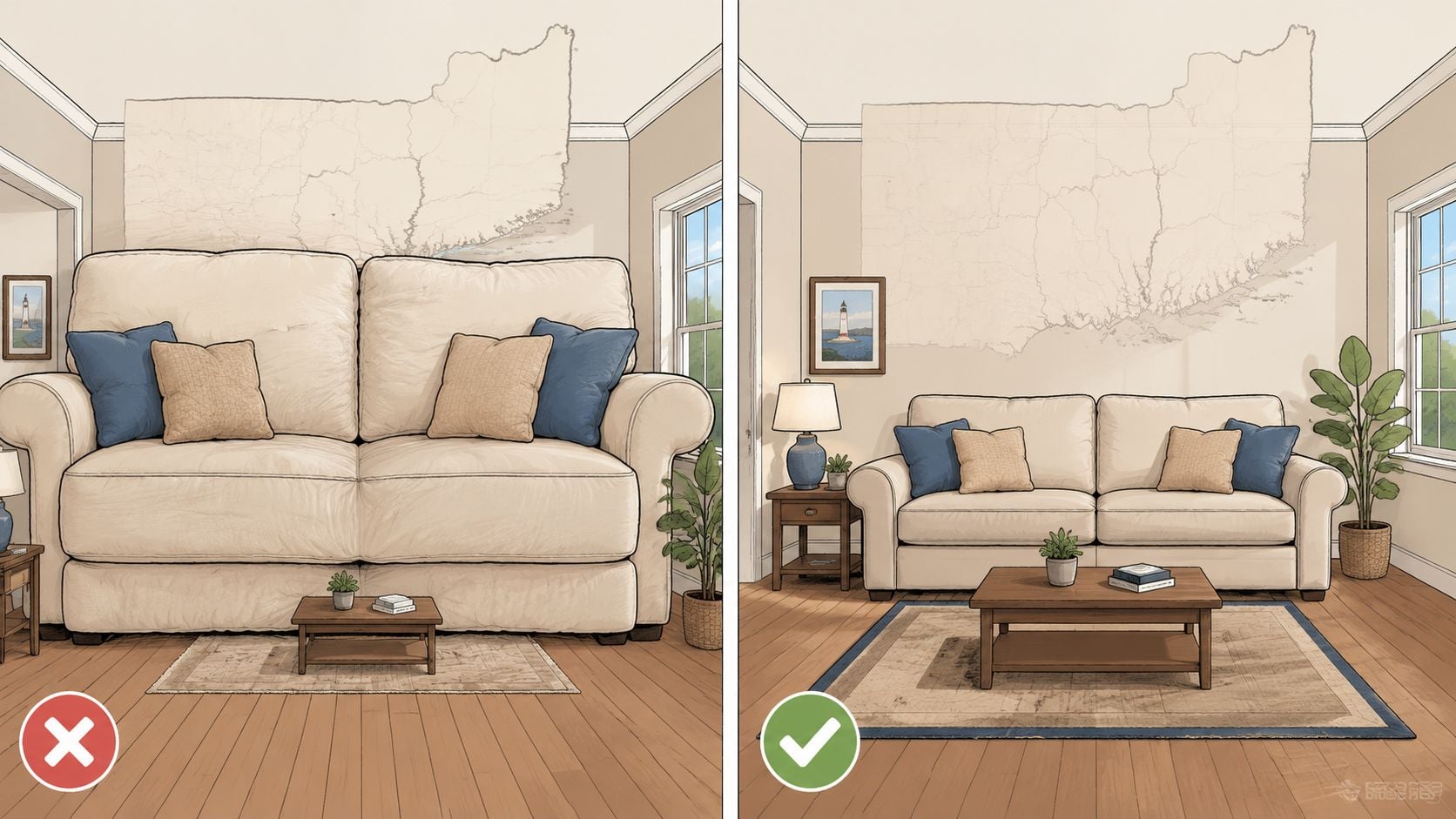 A comparison showing a couch that is too large versus a properly scaled sofa in a room.