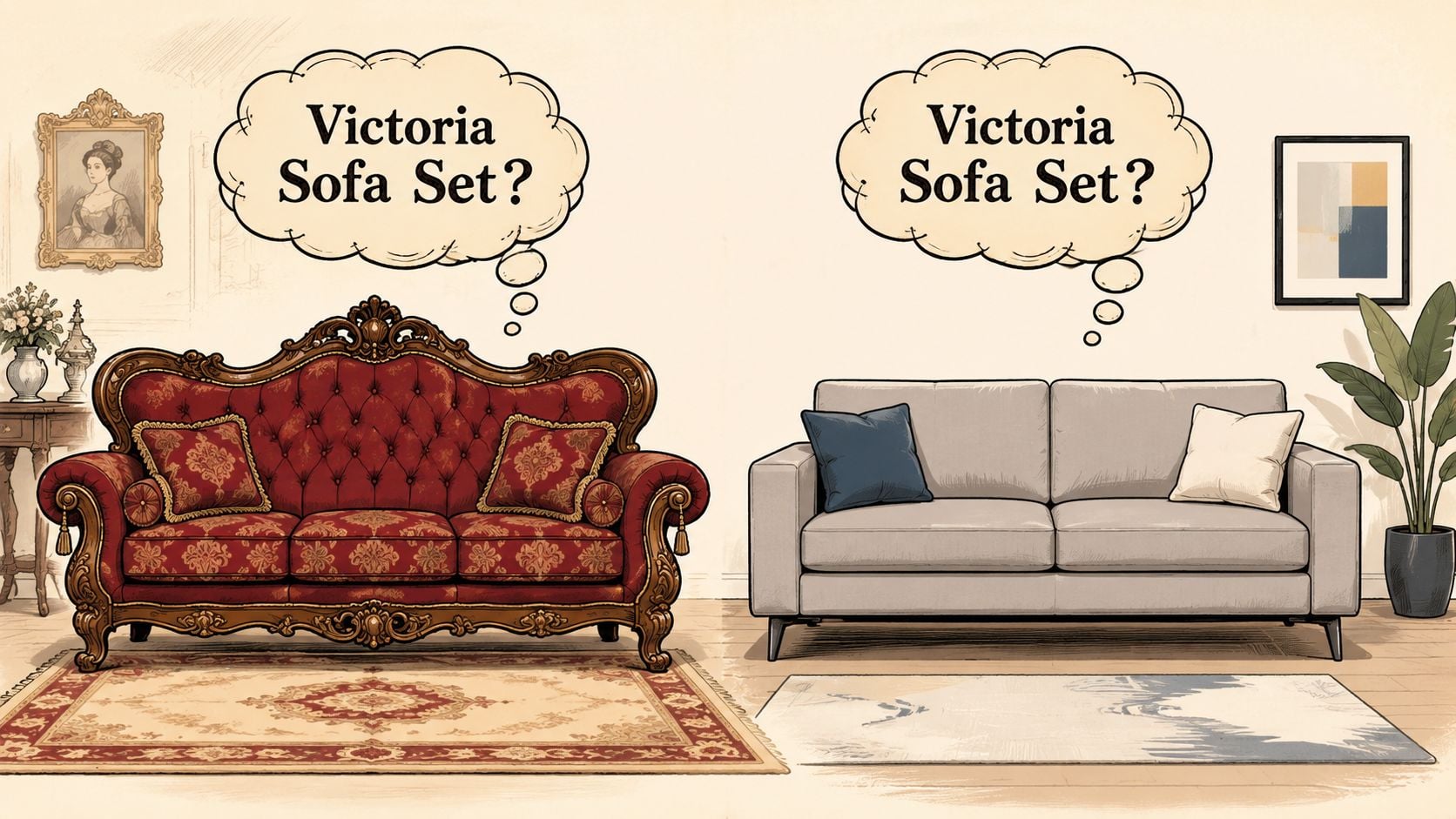 A split image comparing a traditional Victorian style red sofa and a modern gray minimalist sofa.