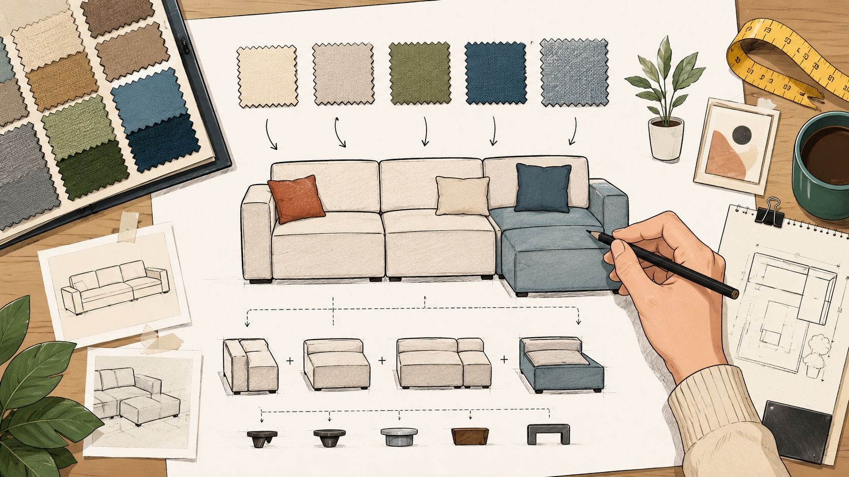 A designer's hand sketching a modular sofa design on paper surrounded by fabric samples and architectural tools.