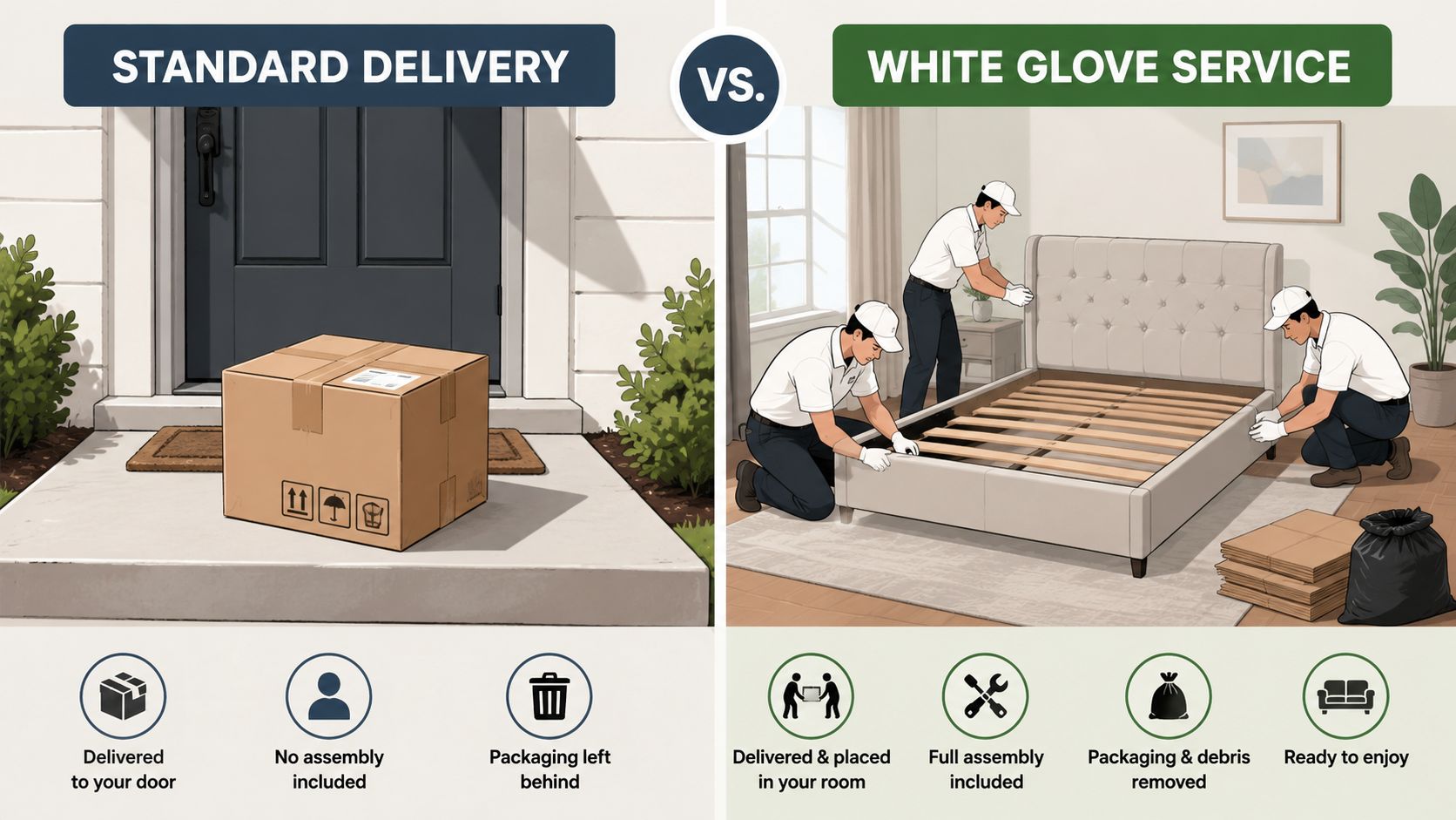 A comparison illustration between standard parcel delivery left at the door and white glove furniture assembly service.