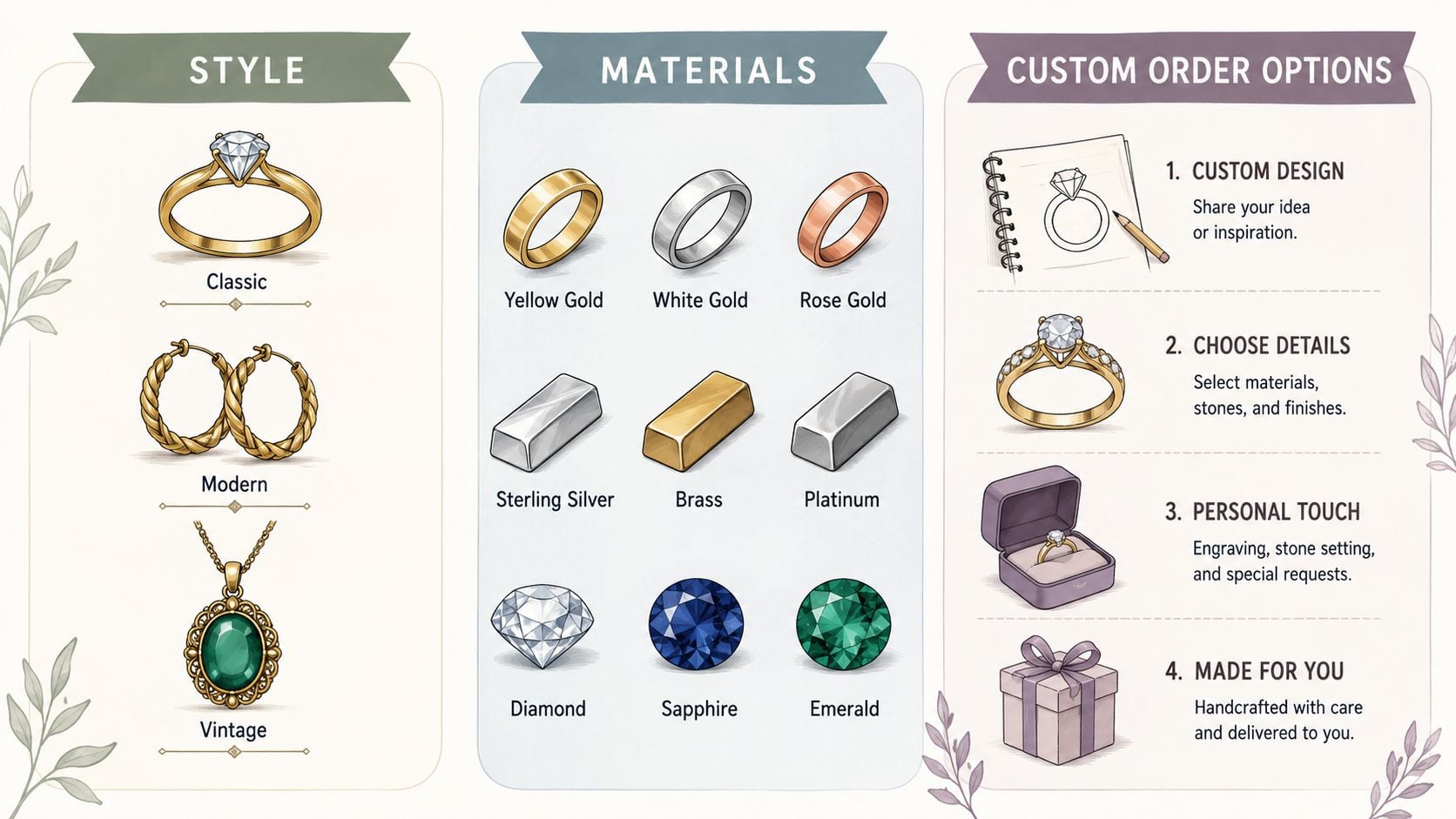 An infographic showing jewelry styles, material options, and a step-by-step guide for ordering custom jewelry pieces.