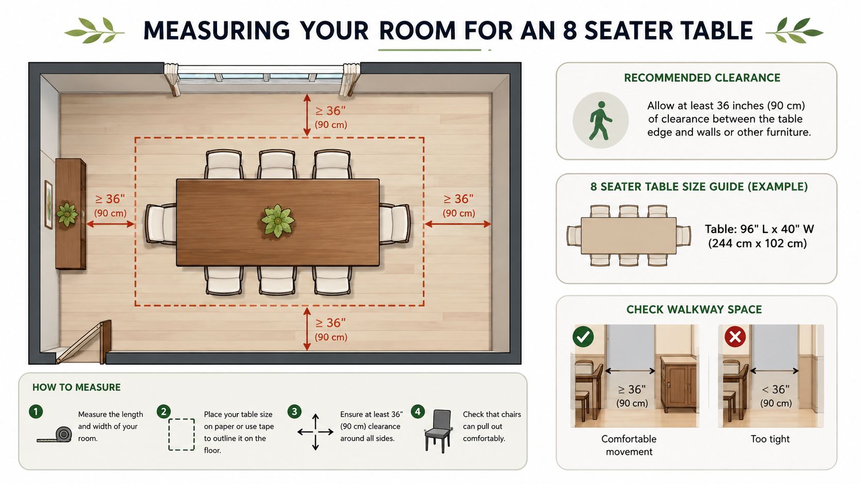 A diagram illustrating how to measure a dining room to ensure proper clearance for an 8 seater table.
