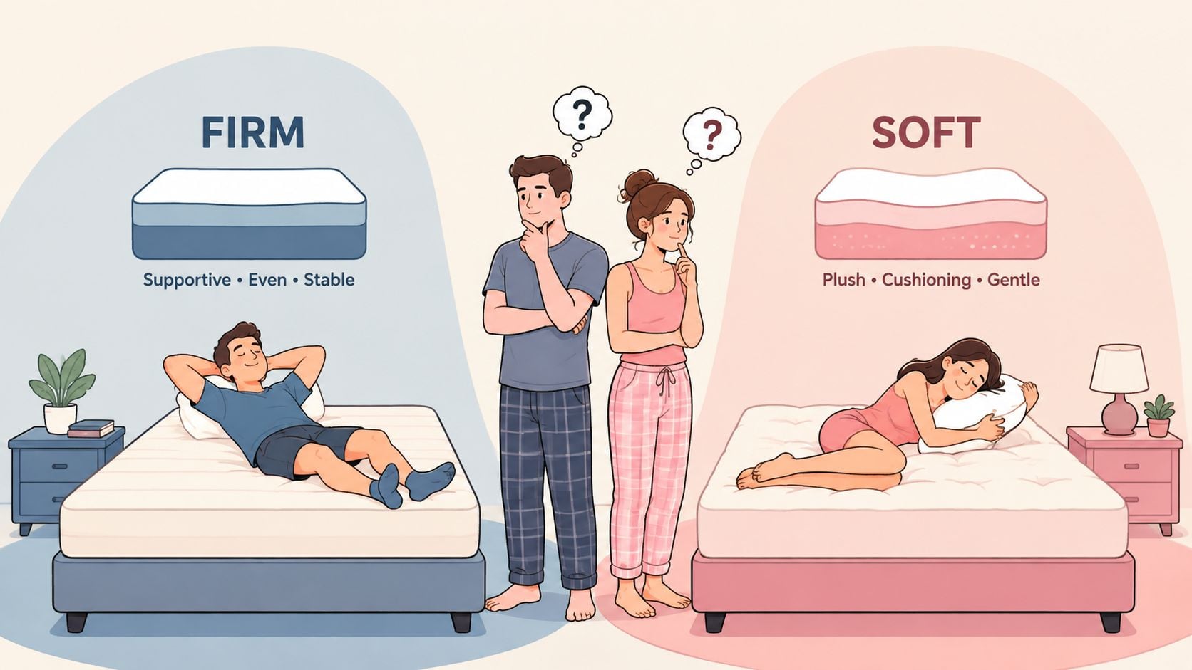 A couple considering between choosing a firm or soft mattress for their shared bed at home.