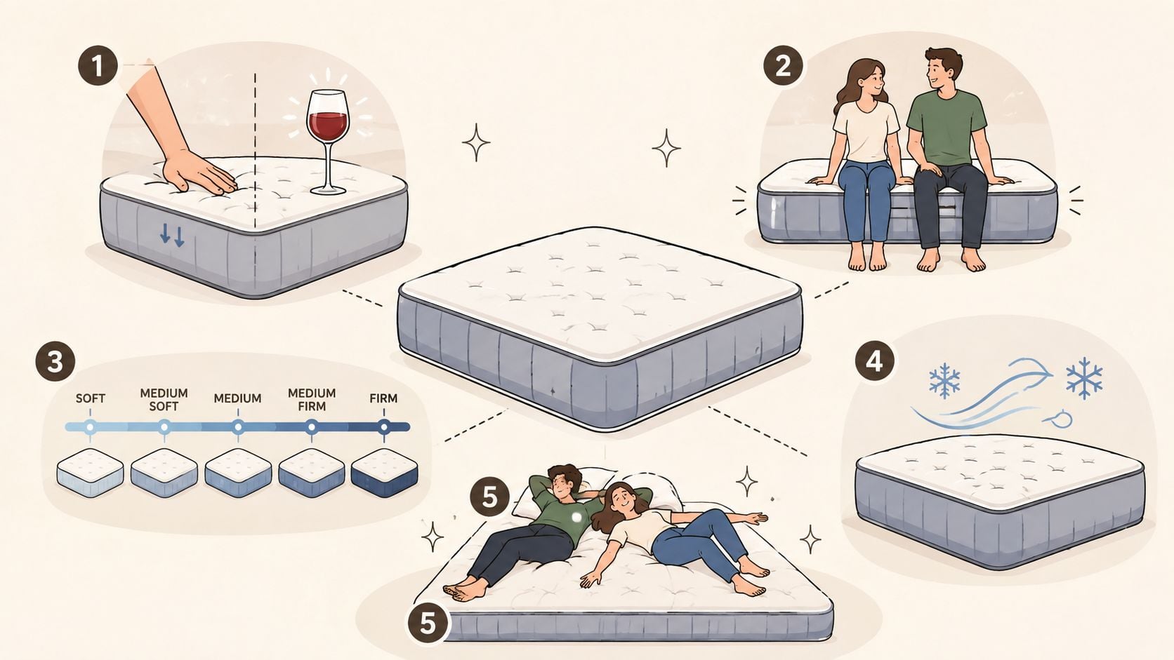 A diagram illustrating the benefits of a comfortable mattress, including motion isolation and cooling technology.