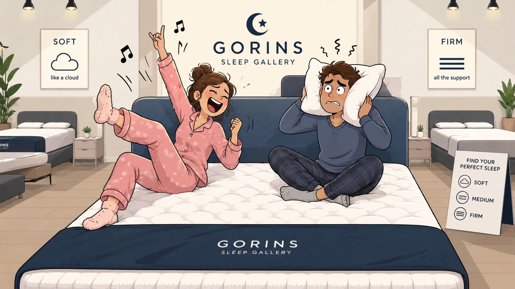 A couple testing a mattress in a store, one person jumping excitedly while the other covers ears.