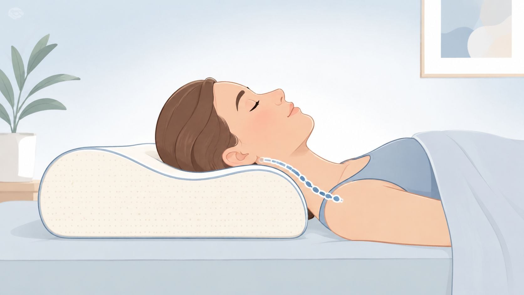 A woman lying on her back, resting her head on an ergonomic contoured pillow for better sleep support.