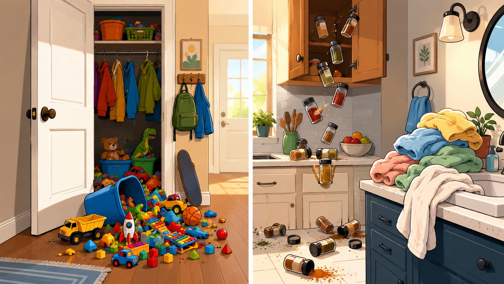 A split image showing a messy toy closet next to a disorganized kitchen cabinet with spilled spices.