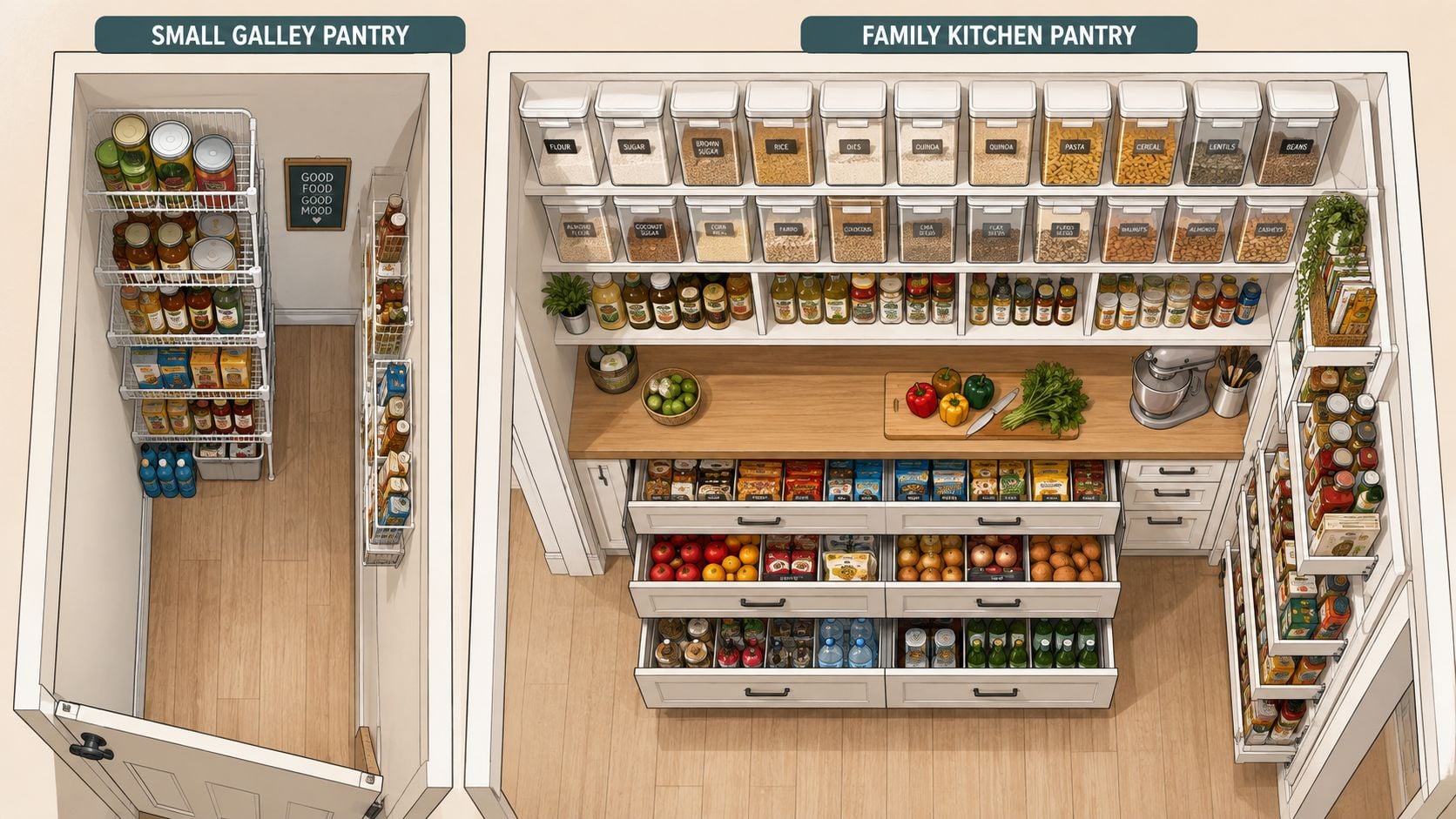 A high-angle view showing two pantry storage configurations including a small galley pantry and a family kitchen pantry.